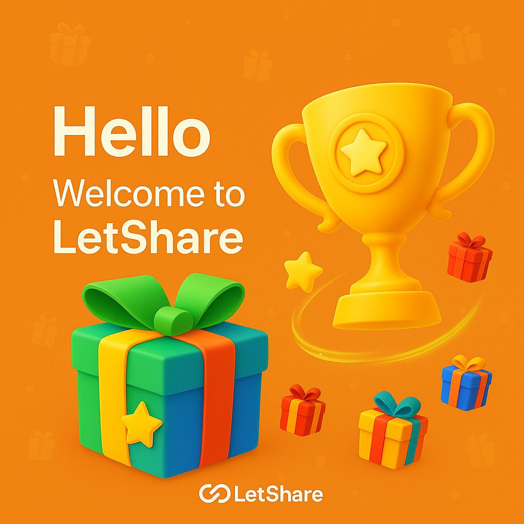 "Welcome to LetShare with trophy and gift boxes"
